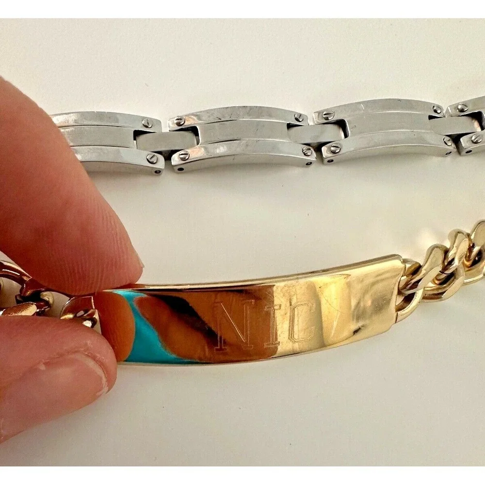 Mens Speidel ID Bracelet Nic Gold Tone Curb Link Stainless Steel Links Set 2